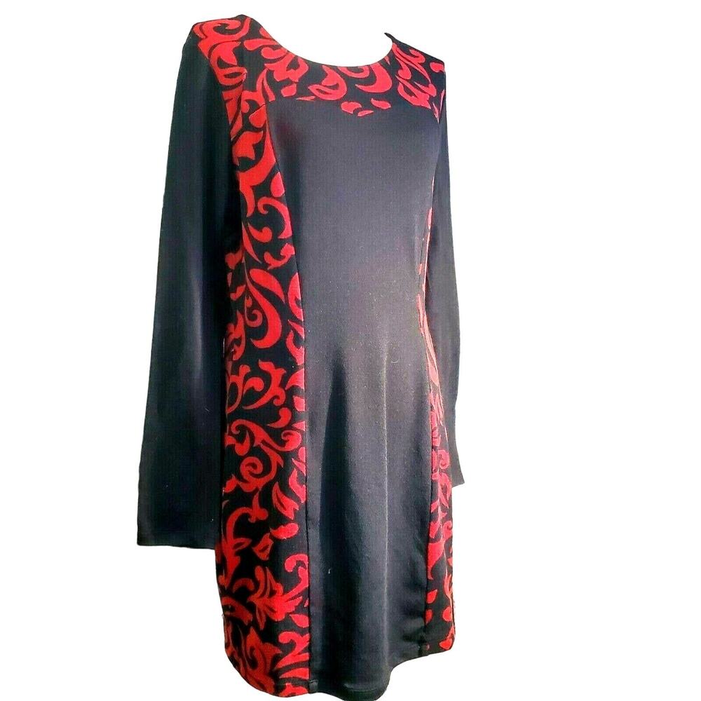 Stitch Btween Knit Sweater Dress Size L Black & Red Slimming Panels Classic